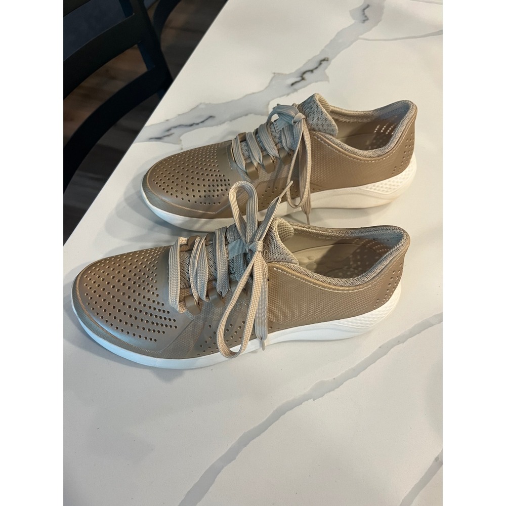Crocs LiteRide Pacer Gold Metallic Sneakers Women 10 Comfort Lace Up Lightweight - Picture 3 of 9